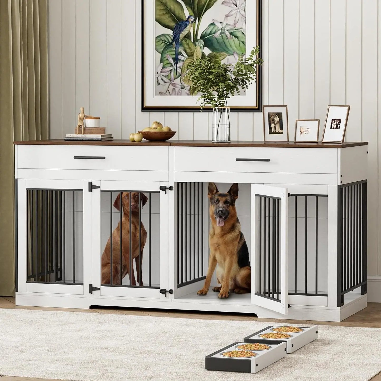72" Double Dog Crate Furniture with Drawers & Bowls, Wooden Kennel Divider, Indoor Pet House TV Stand Medium Dogs, Custom