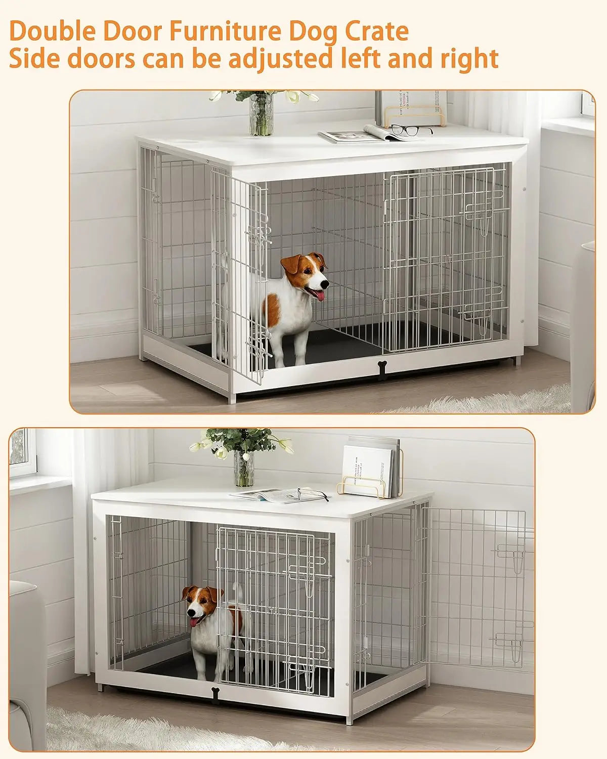 Wooden Dog Crate Furniture with Divider Panel, Double Doors End Table for Medium Dogs, Indoor Dog Kennel with Removable Tray,