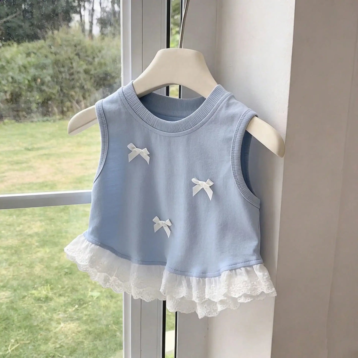 Cute Light Blue Dog Vest Shirt with Lace Hem and Bowknots, Spring Summer Outfit for Large Dogs, Labrador, Golden Retriever