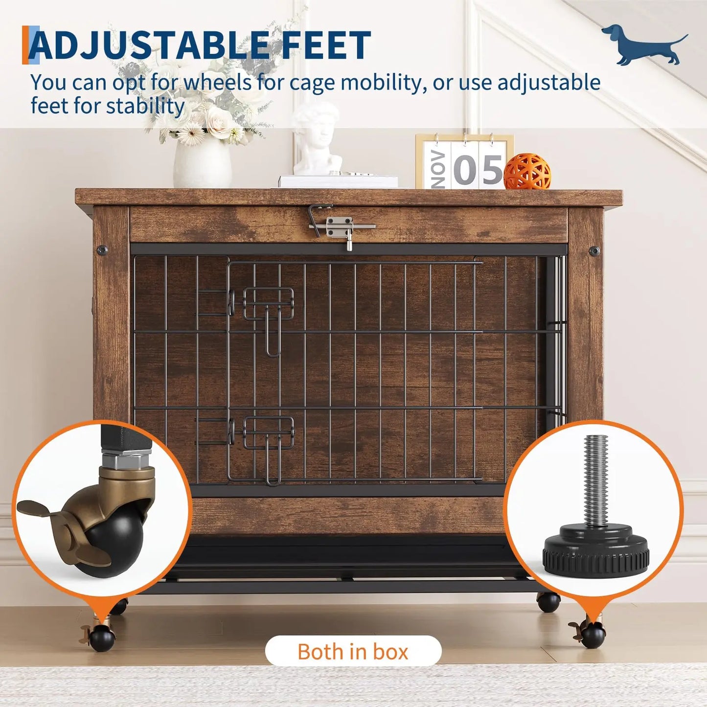 26" Double-Door Pet Cage With Wheels Wooden Dog House Side Table For Small Medium Dogs Chew-Resistant Crate With Pull-Out Tray