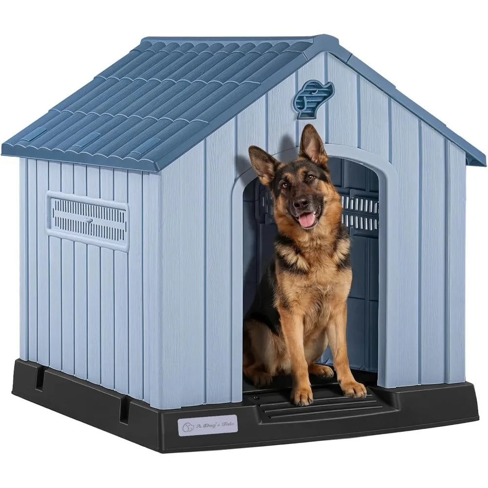 Large Plastic Dog House for Medium Large Dogs, Durable Waterproof Indoor Outdoor Doghouse with Air Vents and Elevated Floor