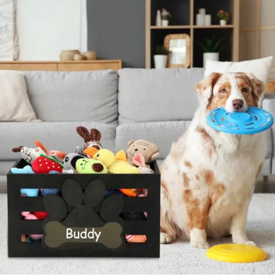 Large Dog Toy Basket Wood Dog Toy Bin Storage Baskets Box with Handles and Label Position Design Large Organizer with Paw Patte