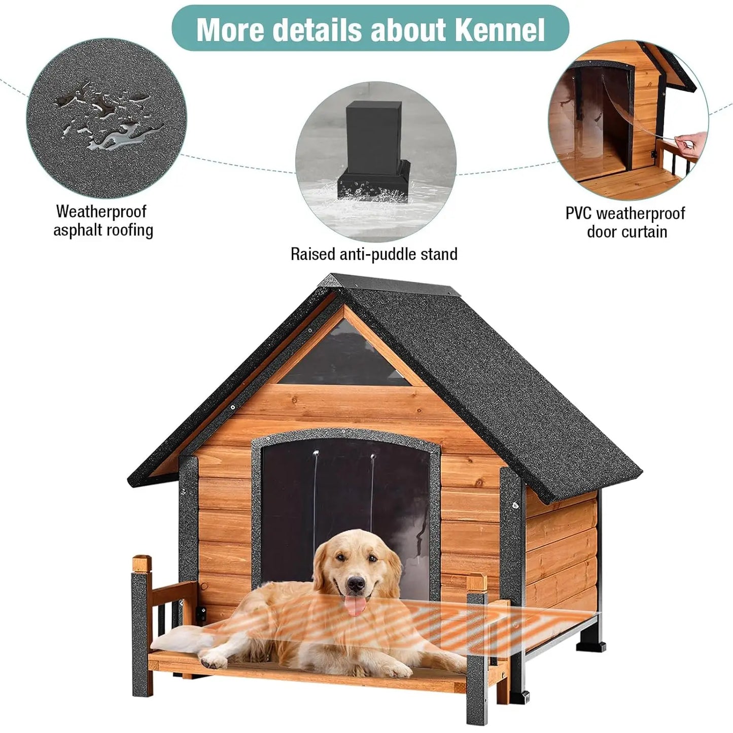 Insulated Heated Dog House Weatherproof Outdoor Kennel Chew-Resistant Iron Frame Asphalt Roof Wood XL Custom