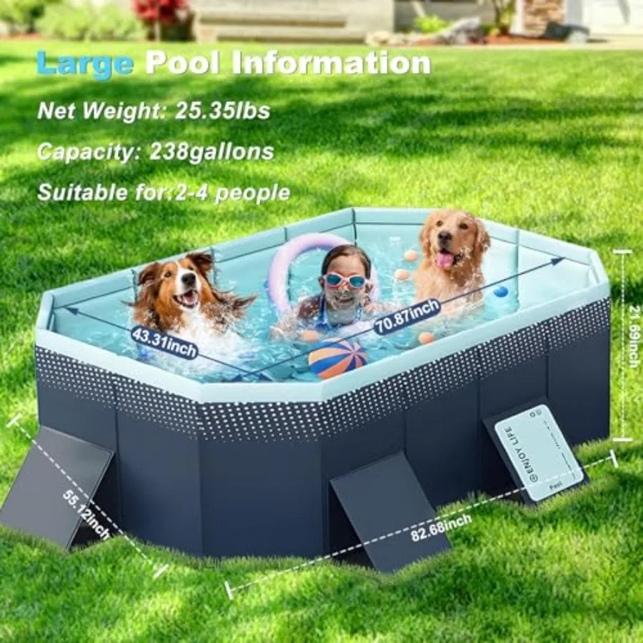 Backyard kiddie pool for kids and dogs: large foldable hard plastic square pool, 83 L x 55 W x 22 H, blue, reinforced sidewalls