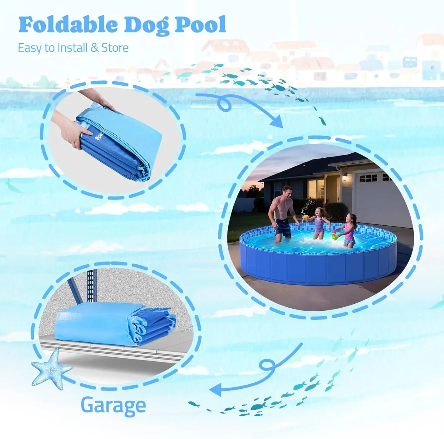 Foldable Dog Pool with RGB LED Light, 94" Collapsible Hard Plastic Kiddie Swimming Pool with Remote for Small Medium Large Doggi