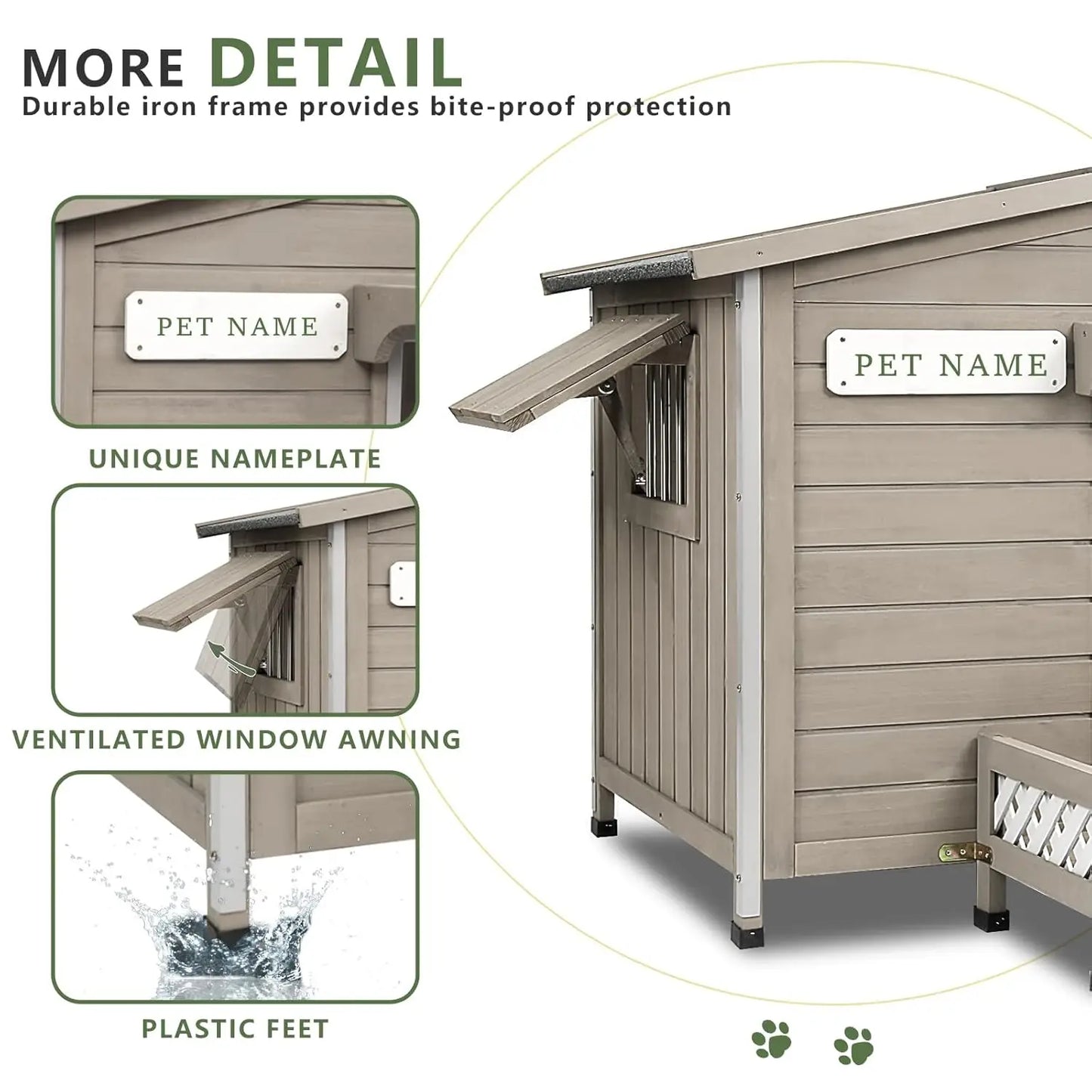 Weatherproof Dog House Outdoor Wooden Chew-Proof Iron Frame, Removable Floor and Adjustable Window for Small Medium, Customized