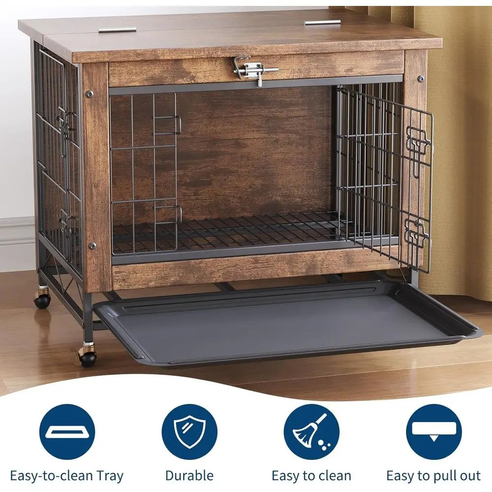 Double-Door Pet Crate urniture, 26 Inch Wooden Dog Kennel with Removable Tray, Indoor Dog House Table or Small Medium Dogs, Chew