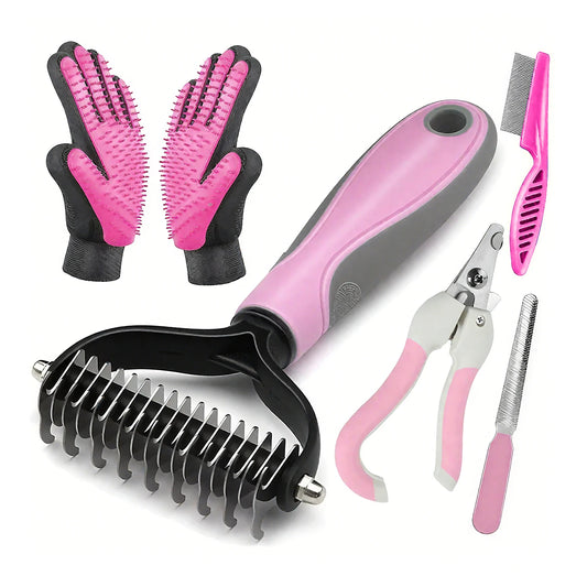 Dog & Cat Deshedding Brush - Pet Comb & Massager Set, Pink，Blue