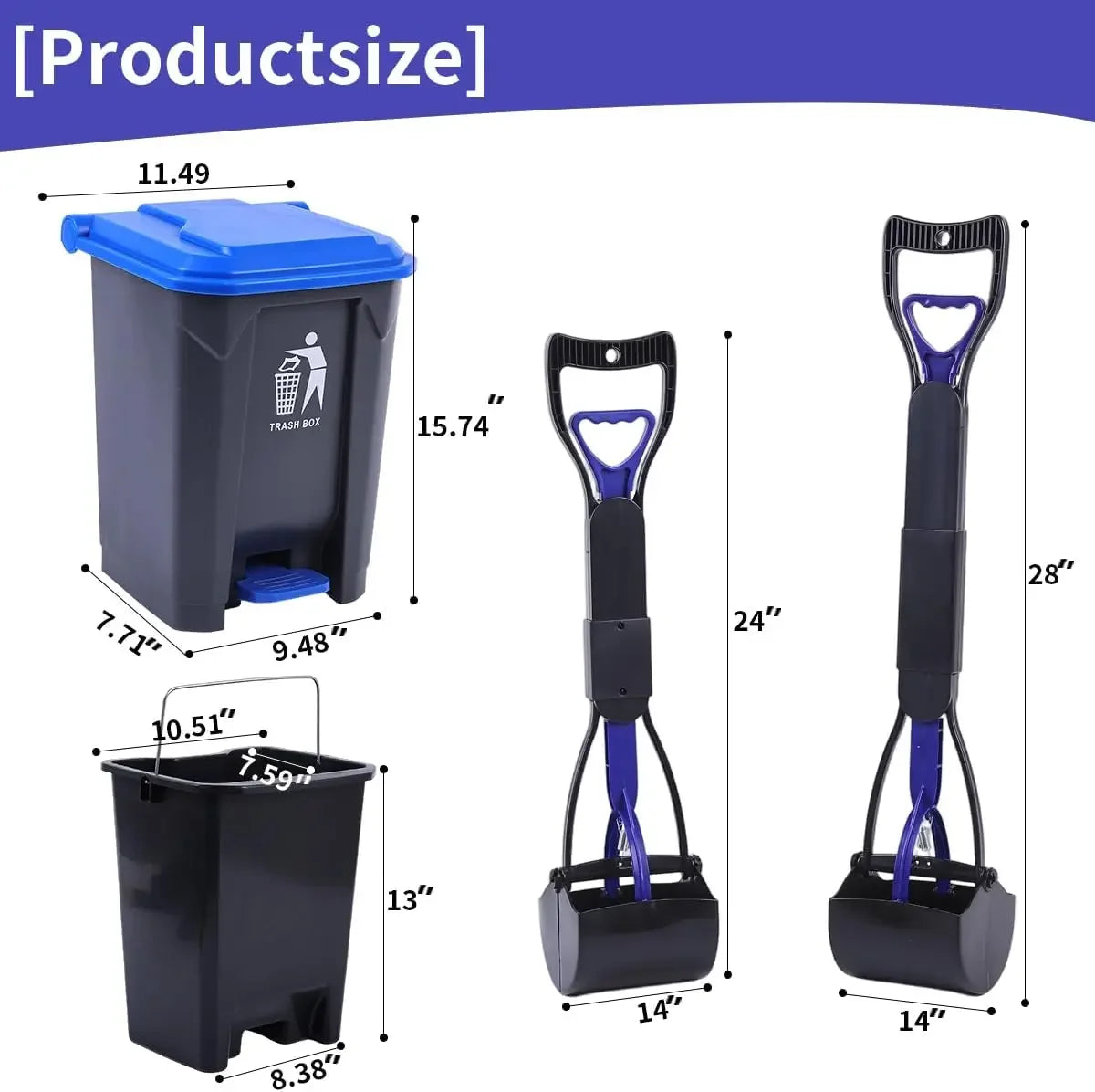 Pooper Scooper 2 Pack with 20 Litre Step Dog Poop Trash Can, 28" Long Handle Dog Poop Scoopers for Large Small Dogs Heavy Duty,