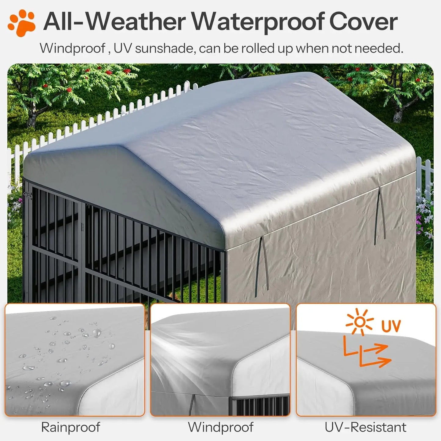 Outdoor Dog Kennel with Cover, 6.6 x 6.6 x 6.4 ft Dog Kennel Outside with Waterproof Roof and Rotating Feeding, Customized