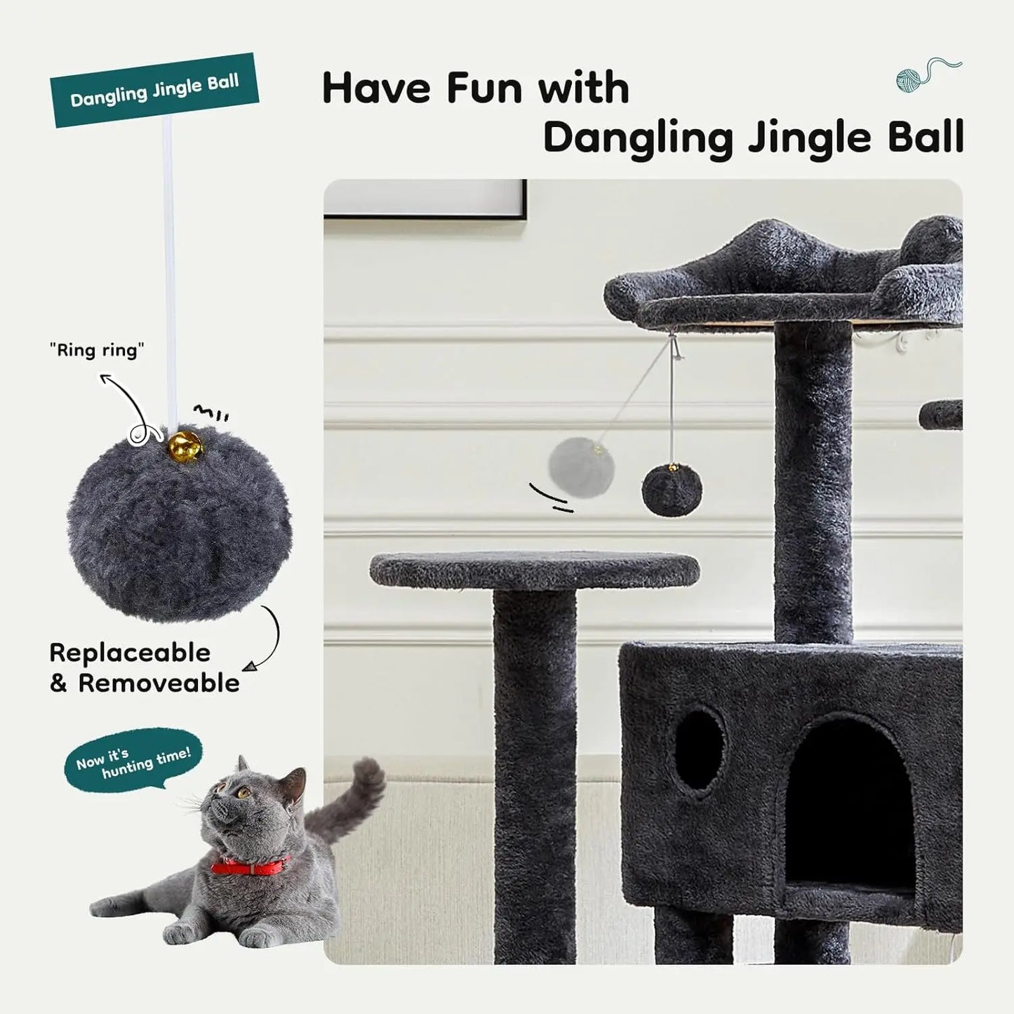54-inch Multi-Level Cat Tree Tower with 2 Condos, Scratching Posts & Toys - Perfect for Large Cats of All Ages in Dark Grey