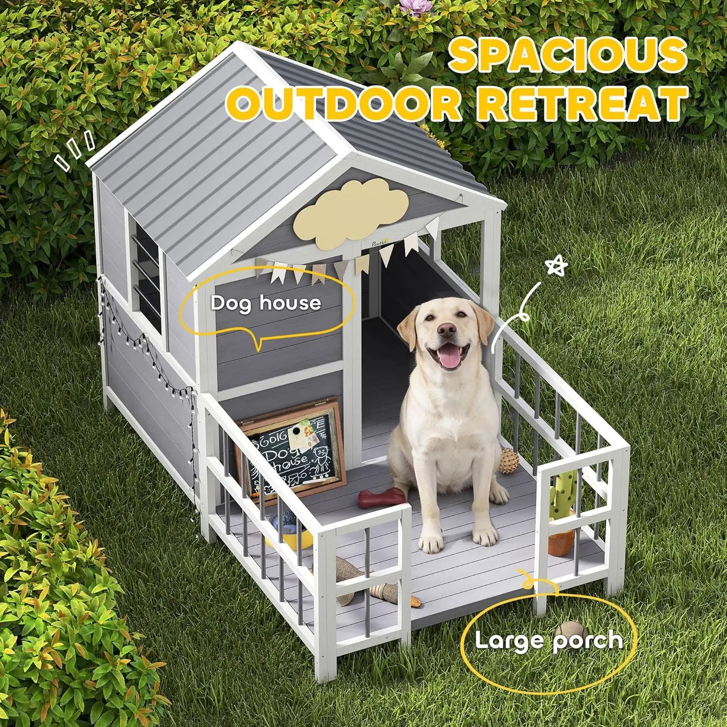Dog House Outdoor Indoor, 61" x 41" x 47" Wooden Dog Shelter with Porch, Weatherproof Roof, Elevated Floor, Air, Customized