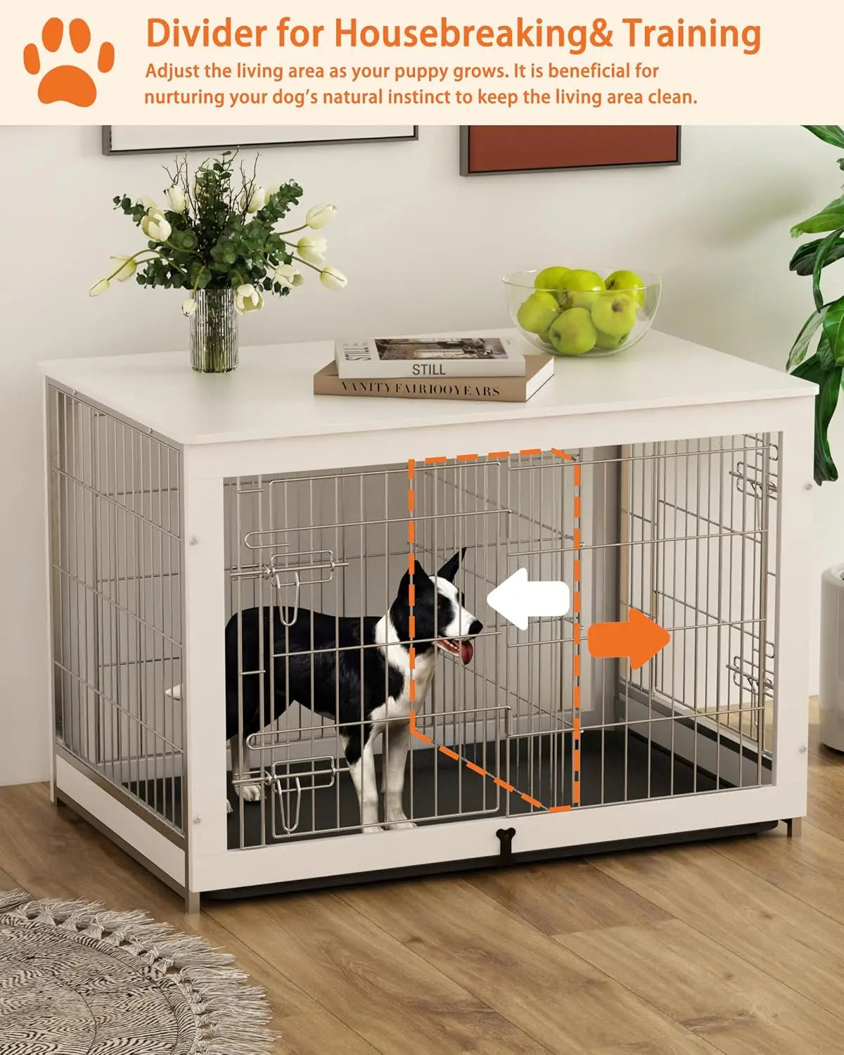 Wooden Dog Crate Furniture with Divider Panel, Double Doors End Table for Medium Dogs, Indoor Dog Kennel with Removable Tray,