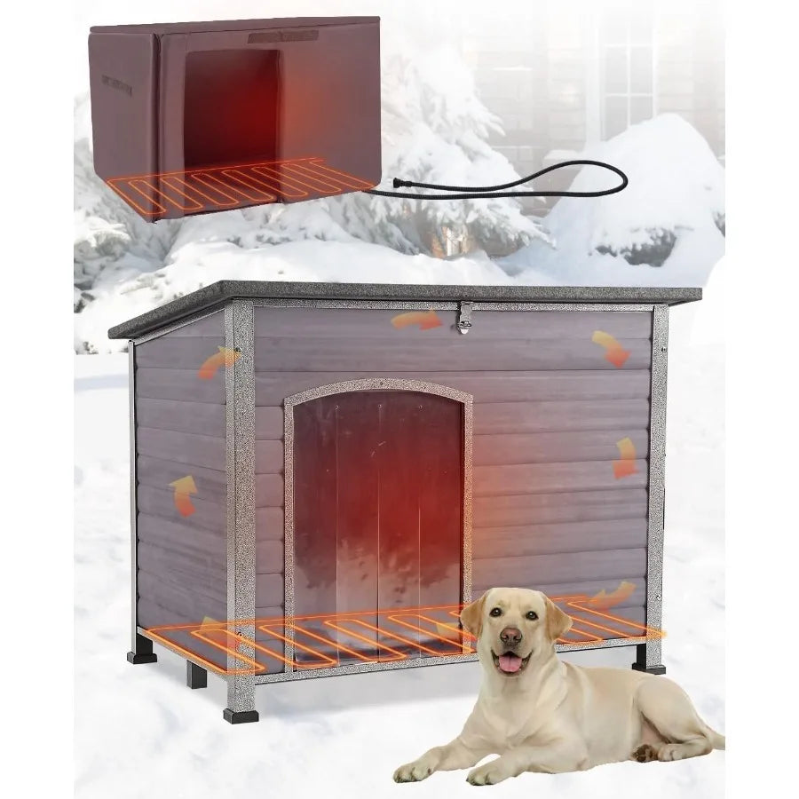Heated Dog House for Outside with Heating Pad Insulated Dog Kennel for Small Medium Dogs Iron Frame Dog Shelter Outdoor Waterpr