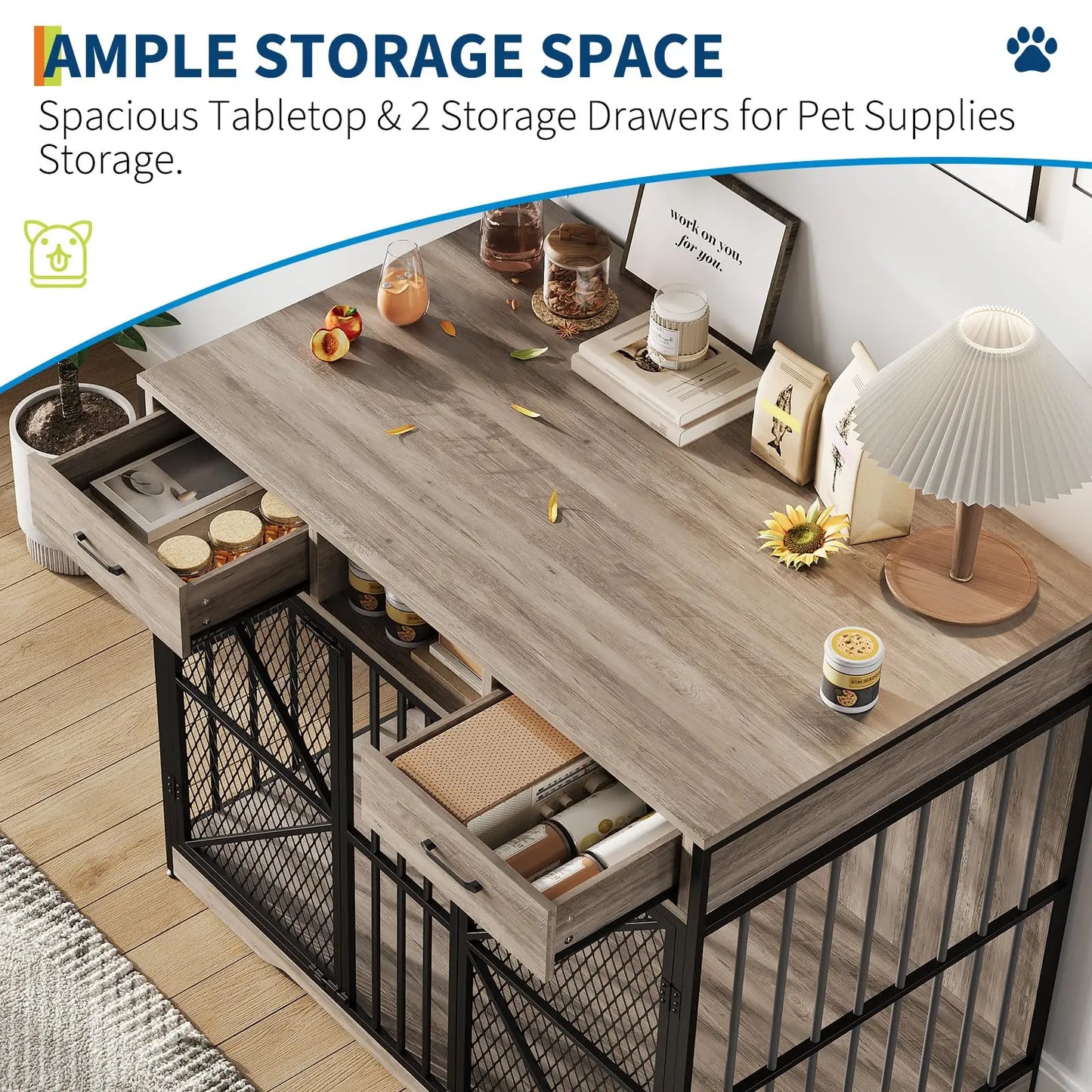 44" Heavy Duty Dog Crate Furniture With Drawers Wooden Pet Kennel Double Door Indoor Dog House End Table For Medium Large Dogs