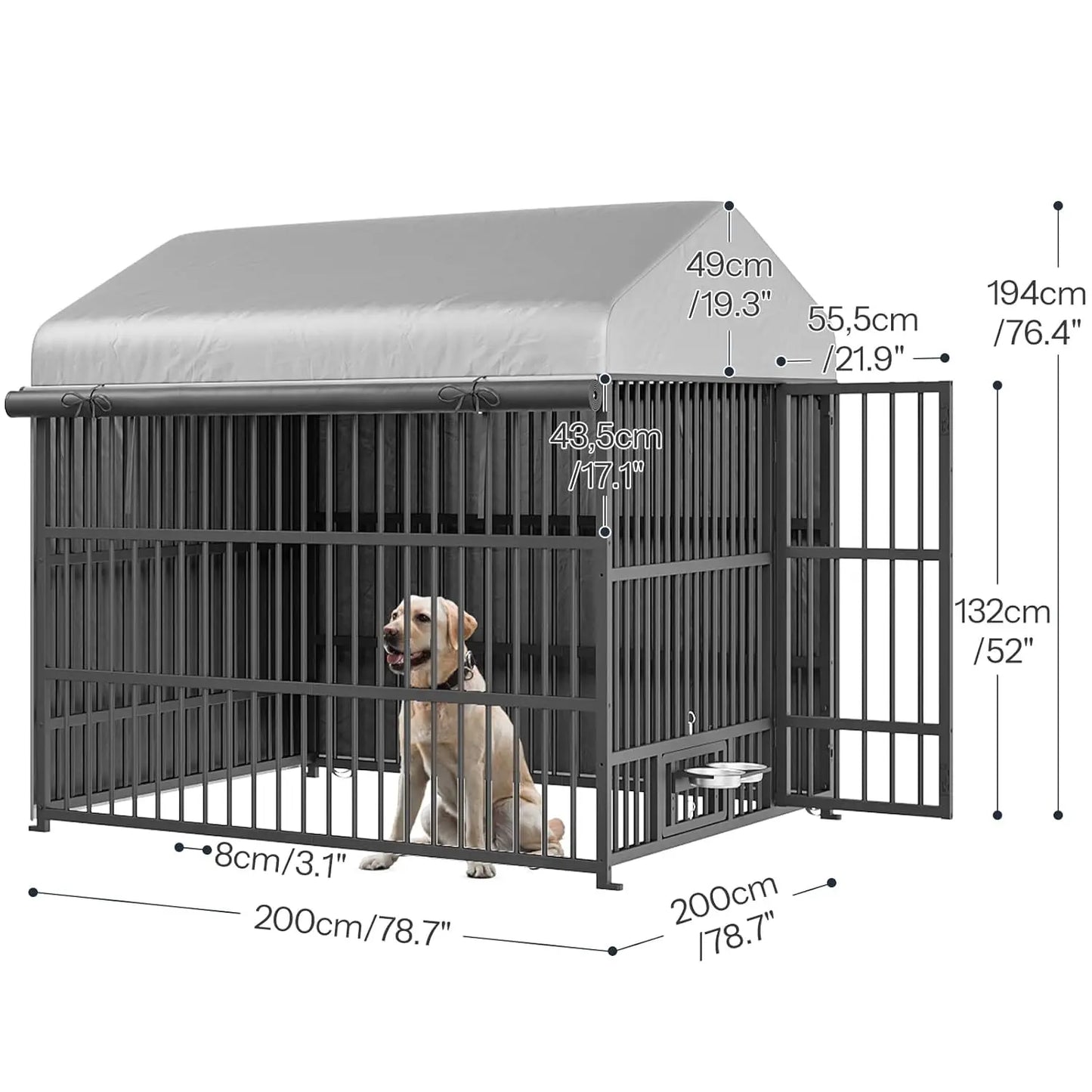 Outdoor Dog Kennel with Cover, 6.6 x 6.6 x 6.4 ft Dog Kennel Outside with Waterproof Roof and Rotating Feeding, Customized
