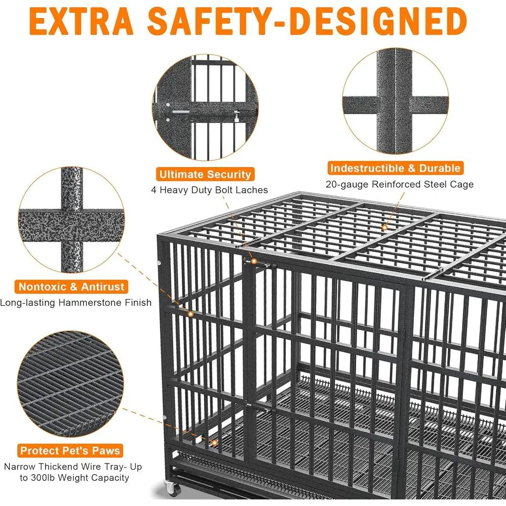 54/48/42/38 inch Heavy Duty Indestructible and Escape-Proof Dog Crate Cage Kennel for Large Dogs, High Anxiety Dog Crate with Re