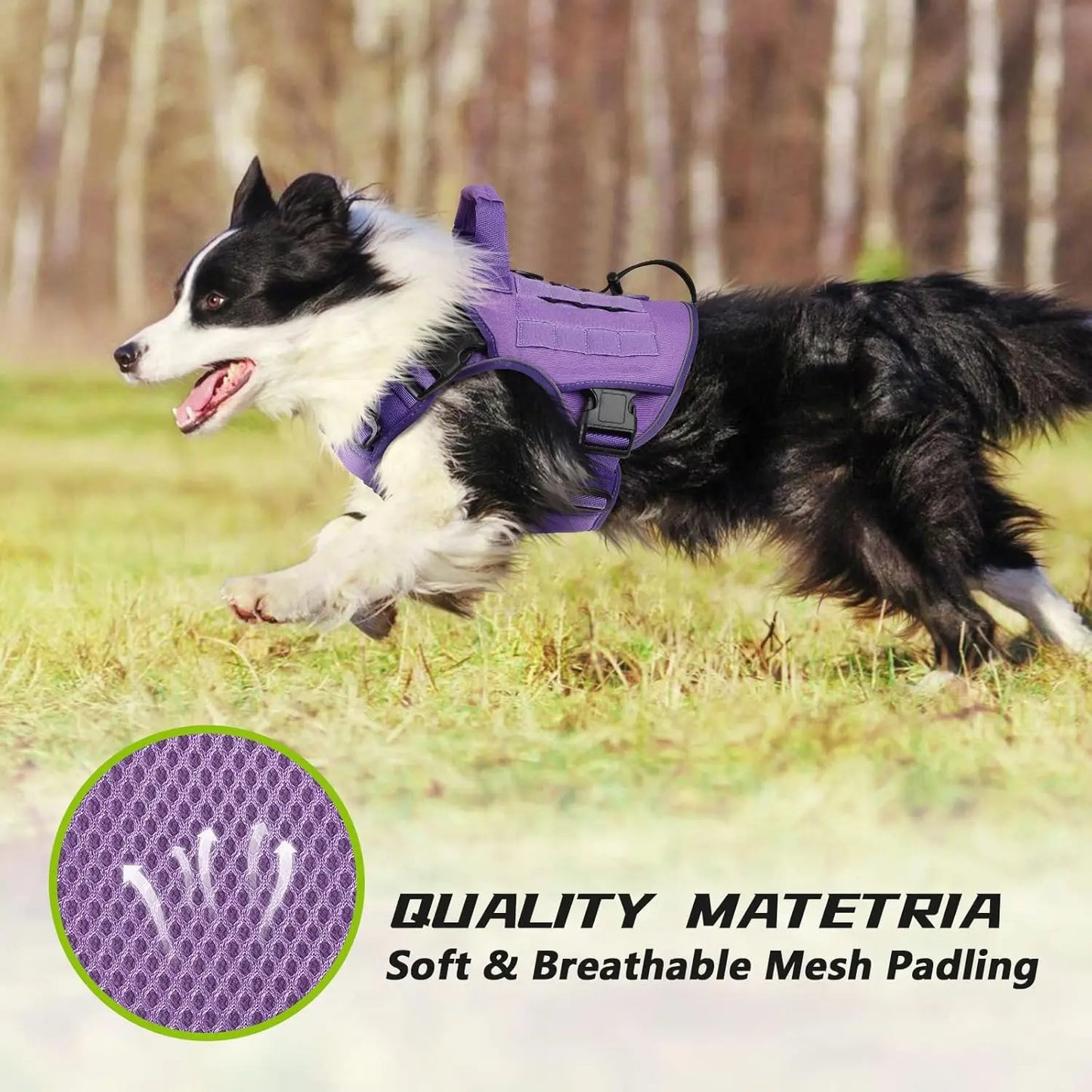Purple Tactical Dog Harness for Large Dogs, Heavy Duty No Pull with Handle, Adjustable Reflective Vest for Husky, Doberman