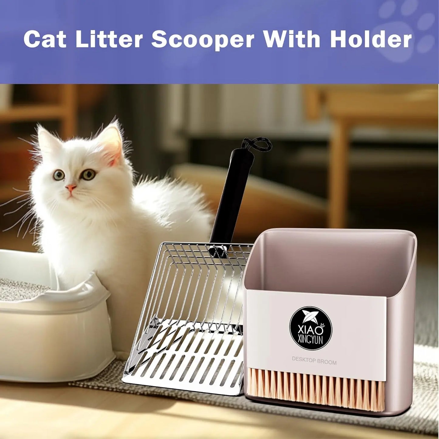 Heavy Duty Stainless Steel Cat Litter Scoop with Holder, Portable Broom and Dustpan Set for Quick Sift and Easy Cleaning
