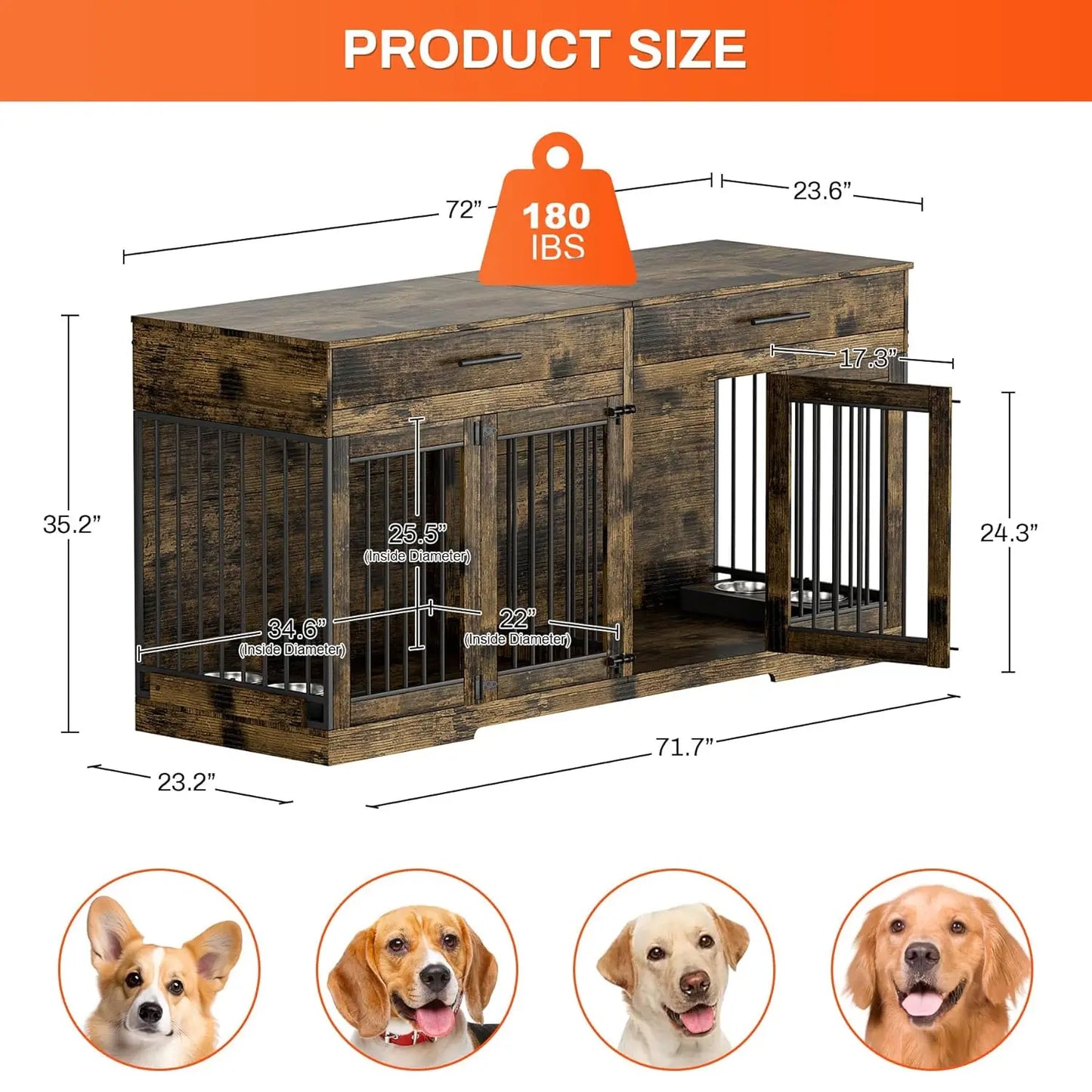 72" Double Dog Crate Furniture with Drawers & Bowls, Wooden Kennel Divider, Indoor Pet House TV Stand Medium Dogs, Custom