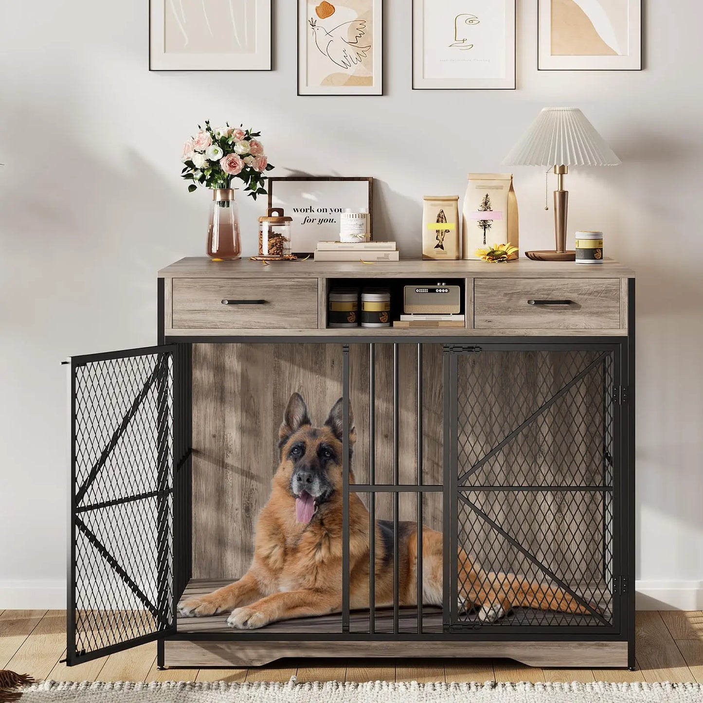 44" Heavy Duty Dog Crate Furniture With Drawers Wooden Pet Kennel Double Door Indoor Dog House End Table For Medium Large Dogs