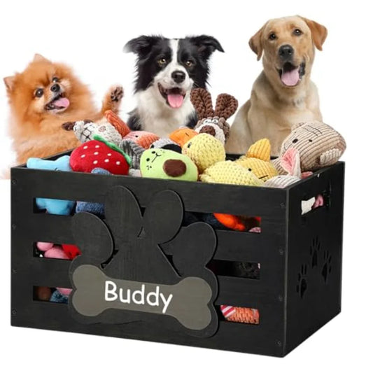 Large Dog Toy Basket Wood Dog Toy Bin Storage Baskets Box with Handles and Label Position Design Large Organizer with Paw Patte