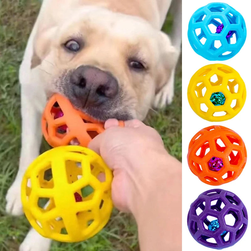 Pet Dog Hollow Ball Toy With Bell Natural Rubber Chew Toy Dog Interactive Balls Puppy Training Teeth Cleaning Hollow Toys Ball