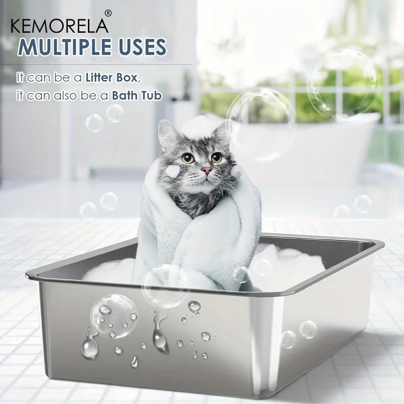 1PC 6-Inch LStainless Steel Cat Litter Box with Scoop Pedal - Extra Large High-Sided Rectangular Design Non-Stick Easy-Clean