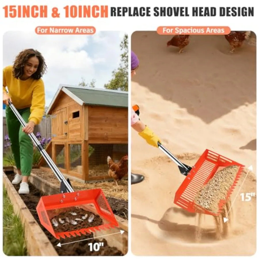 4 IN 1 Chicken Coop Scooper with 2 Large Metal Shovel Heads Long Handle Sifting Shovel for Sand Chicken Poop Scooper Rake Suita