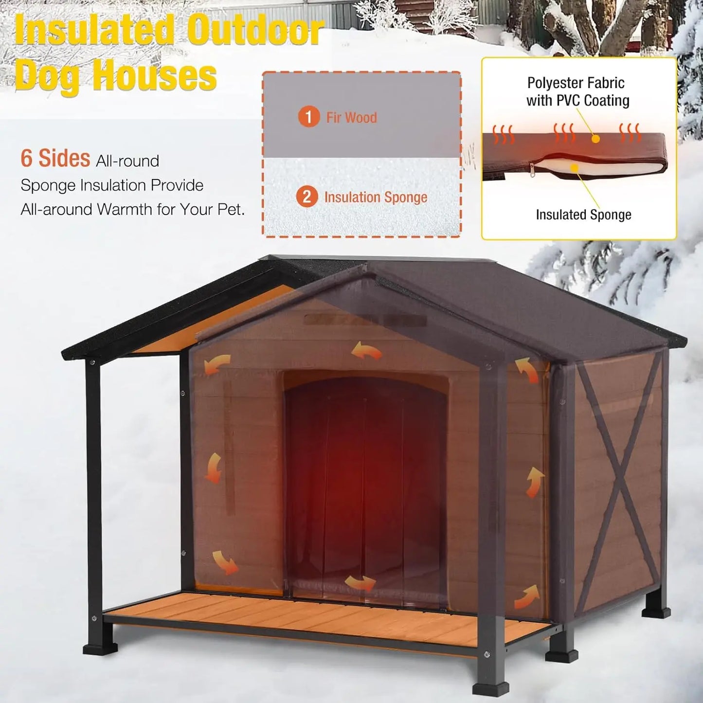 Insulated Outdoor Dog House with Chewproof Metal Frame Weatherproof Kennel for Medium Large Dogs 41.5x41.4x34.1in, Custom
