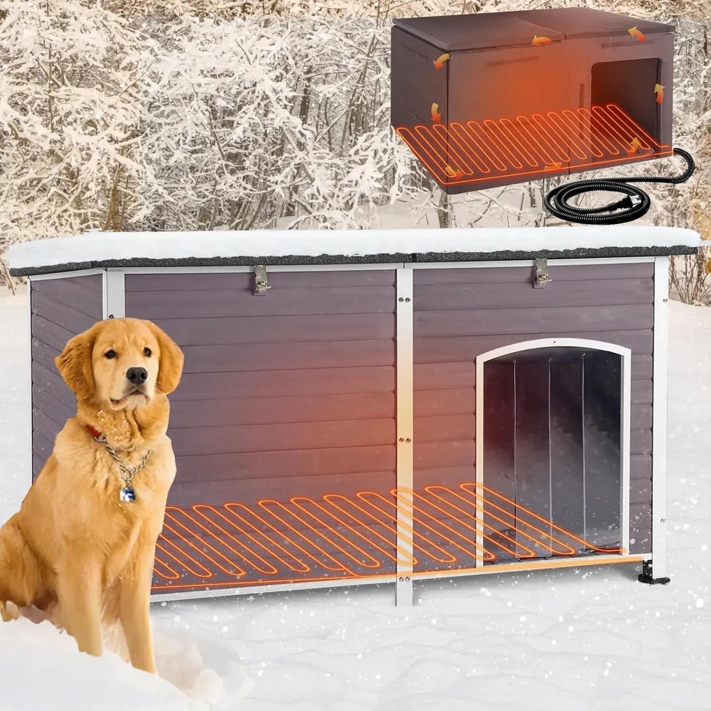 Large Heated Insulated Dog House Outdoor Kennel Winter Weatherproof Iron Frame 59in Grey Custom