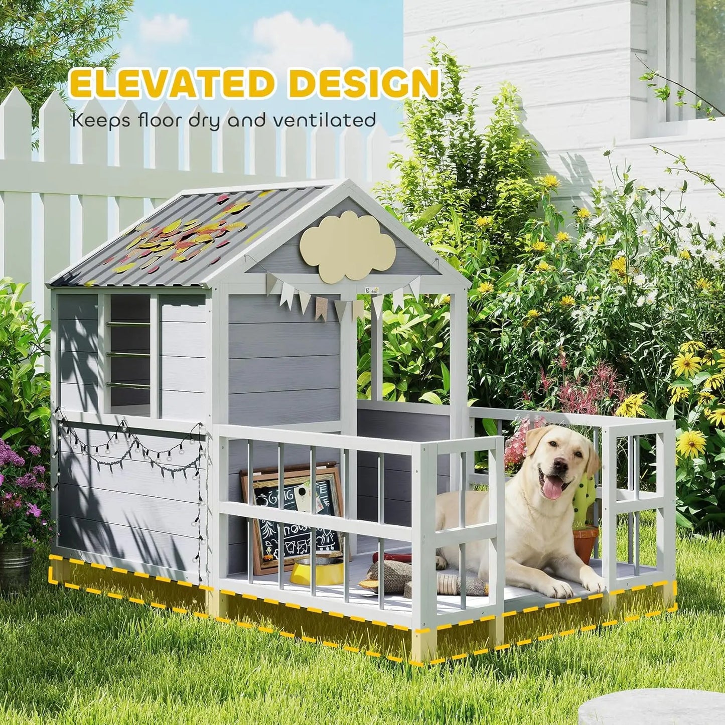 Dog House Outdoor Indoor, 61" x 41" x 47" Wooden Dog Shelter with Porch, Weatherproof Roof, Elevated Floor, Air, Customized
