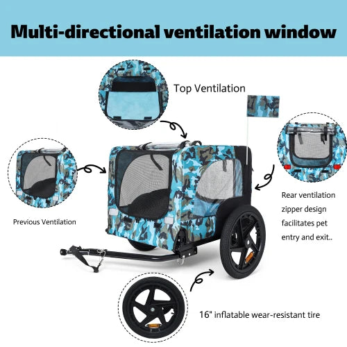 Heavy duty foldable pet bike trailer with 16 inch all terrain wheels and universal hooks, blue+black