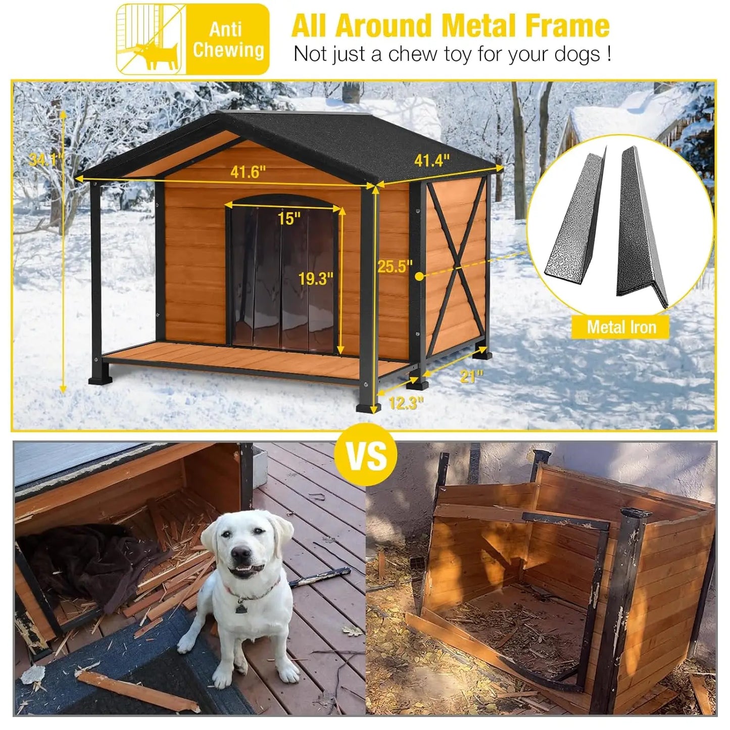 Insulated Outdoor Dog House with Chewproof Metal Frame Weatherproof Kennel for Medium Large Dogs 41.5x41.4x34.1in, Custom