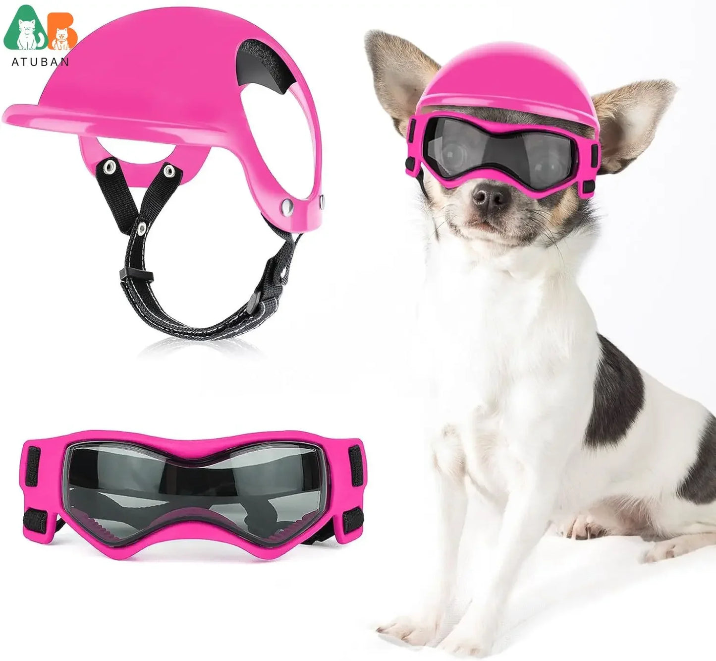 ATUBAN Dog Goggles for Small Dogs with Helmet,2pc Dog Sunglasses and Dog Helmet Set for Small Medium Dog Outdoor Driving Walking