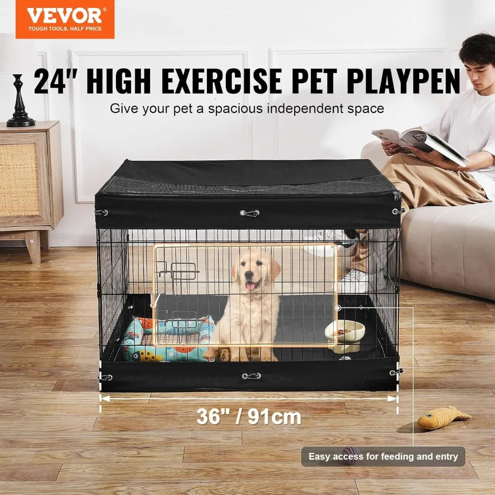Dog Playpen 4 Panels 24x36in Foldable Metal Pet Exercise Pen with Door, Top Cover & Bottom Pad for Small Pets Indoor Outdoor