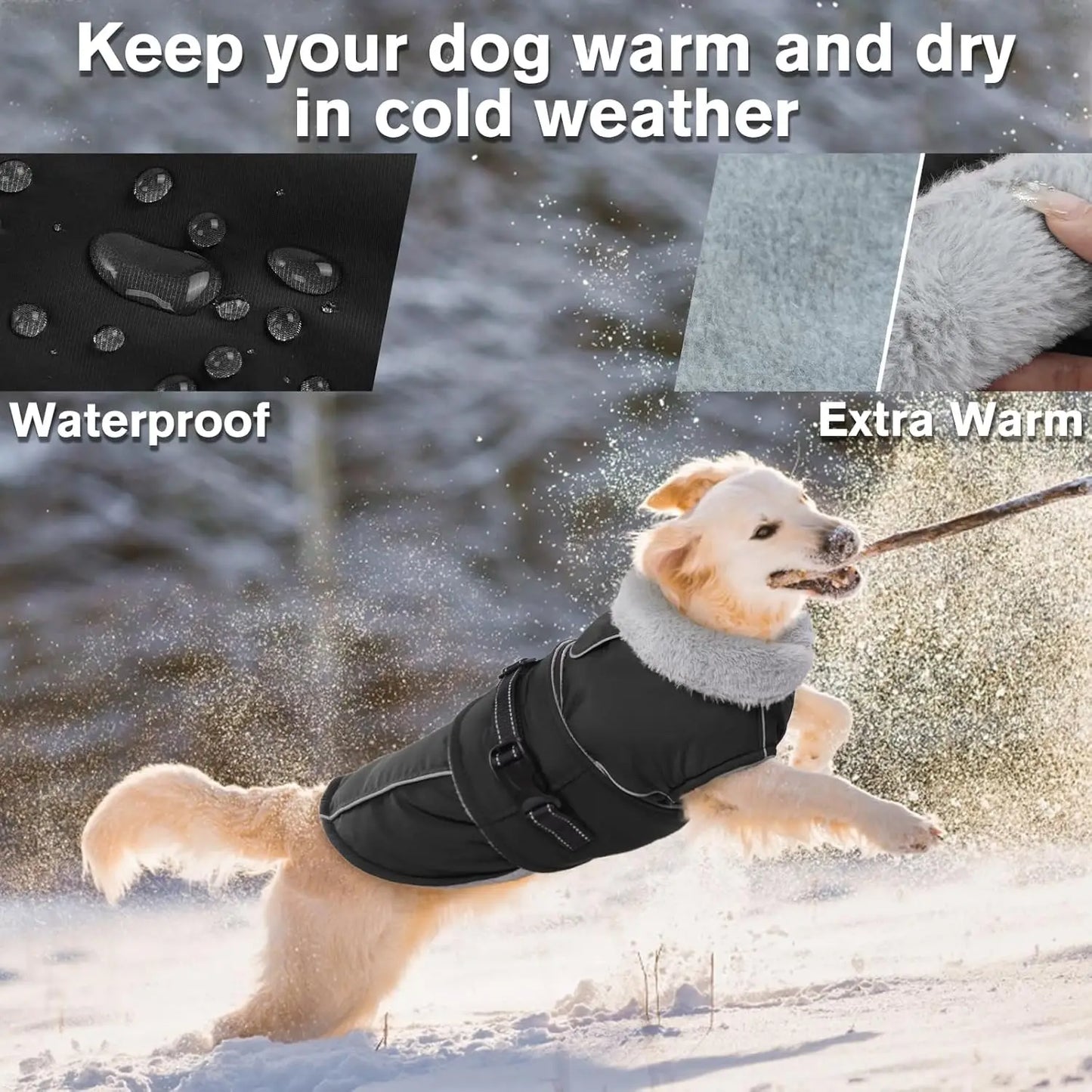 Reflective Waterproof Dog Jacket, Windproof Fleece Vest for Winter Cold Weather with Adjustable Buckle, Black Size M