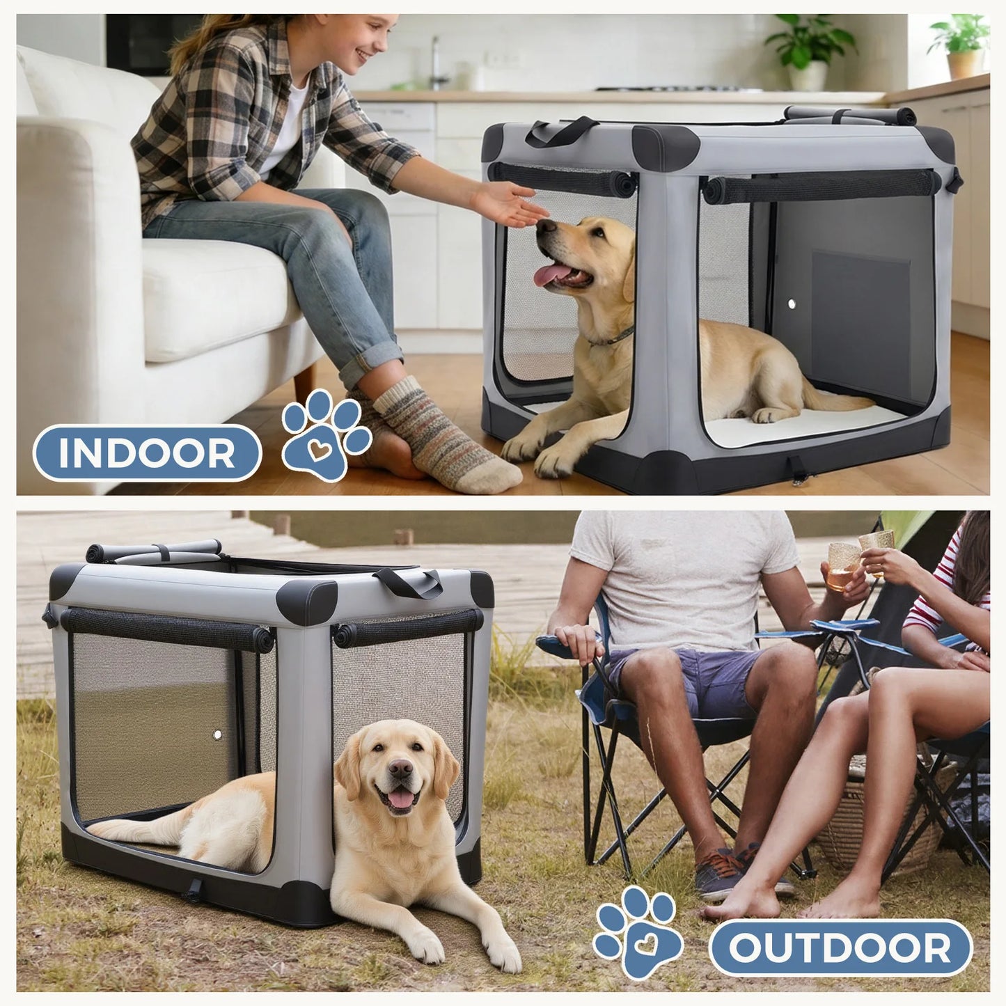 JHK 600D Oxford Fabric Foldable Soft Dog Crate Portable Pet Kennel with 3 Doors Use for Small to Extra Large Dogs Indoor