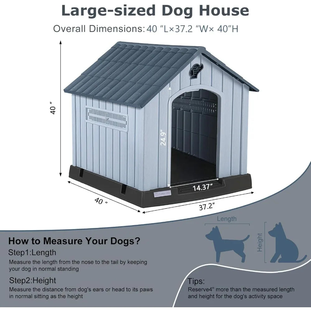 Large Plastic Dog House for Medium Large Dogs, Durable Waterproof Indoor Outdoor Doghouse with Air Vents and Elevated Floor