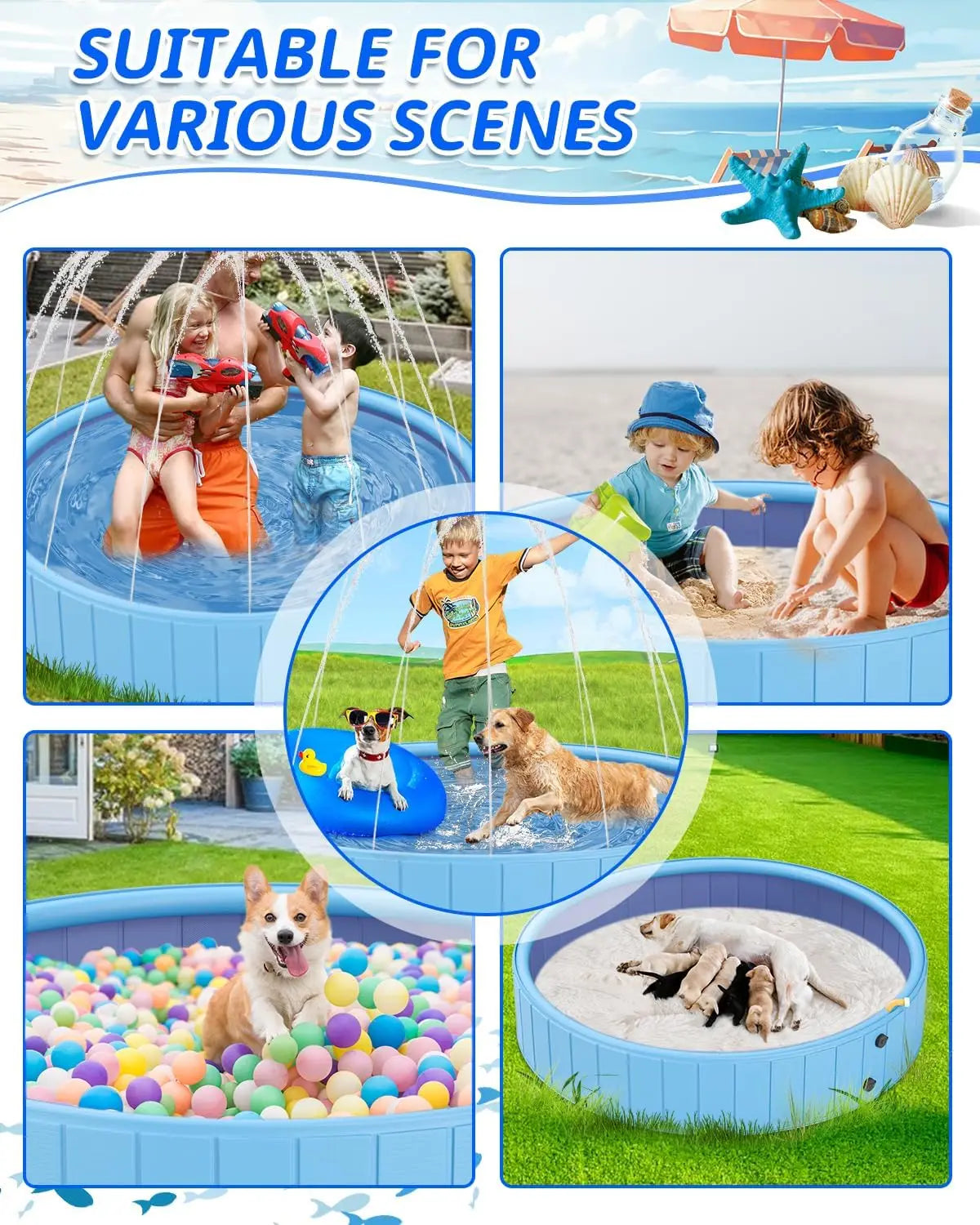 2-in-1 Sprinkler Pool for Kids and Large Dogs, Non-Slip Outdoor Backyard Swimming Pool 70" x 12"