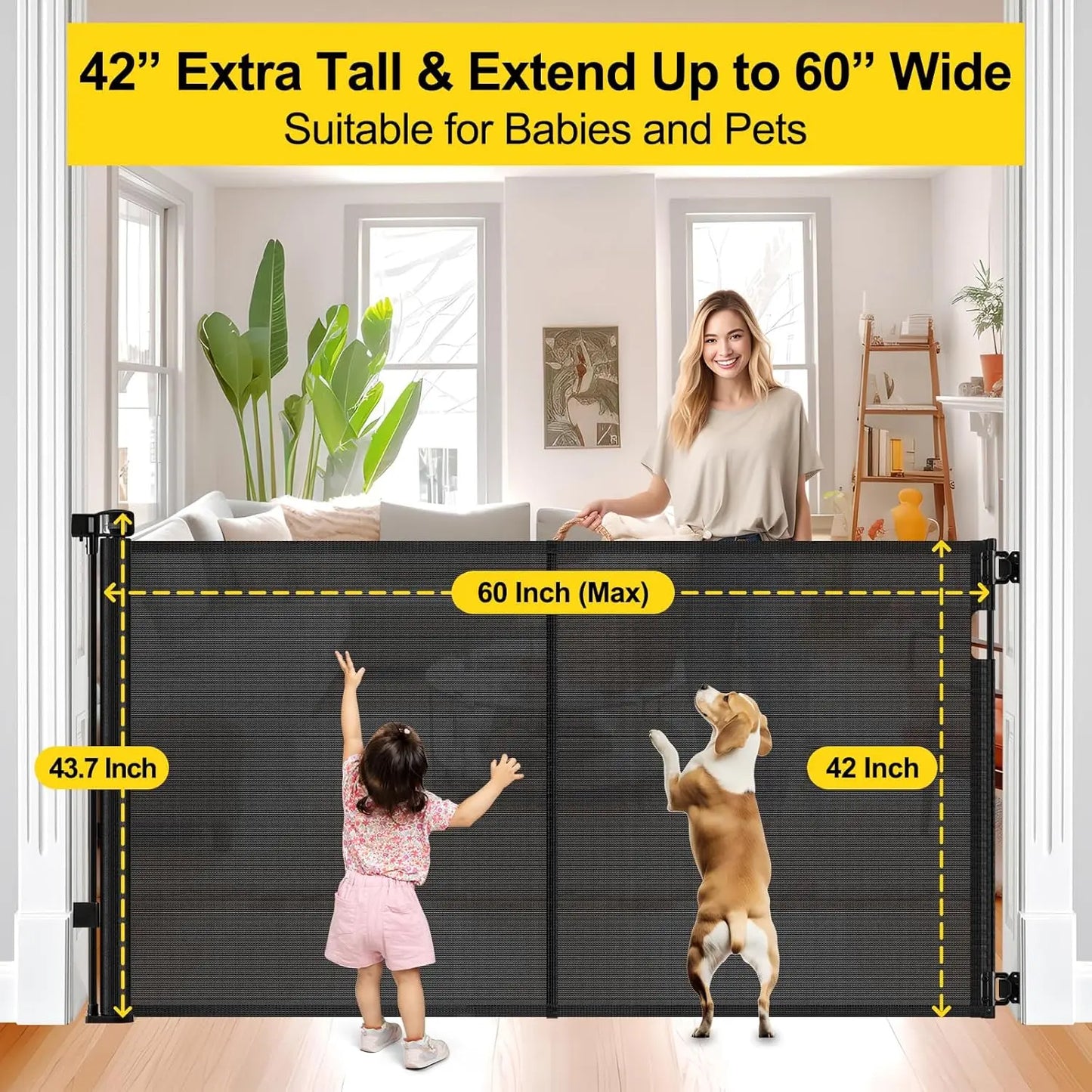 42" Extra Tall Retractable Baby and Dog Gate, Extends to 60", Indoor/Outdoor Safety Barrier