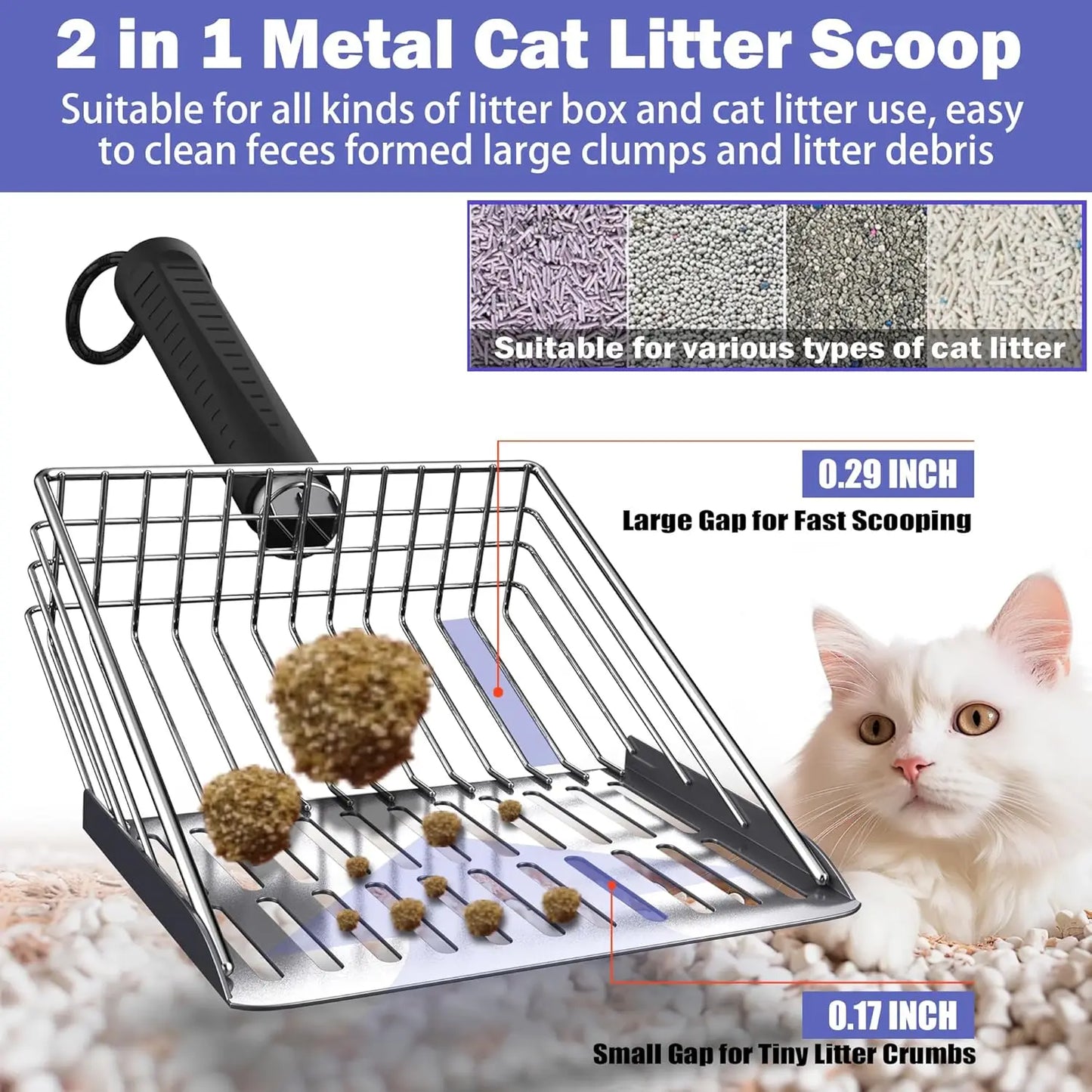 Heavy Duty Stainless Steel Cat Litter Scoop with Holder, Portable Broom and Dustpan Set for Quick Sift and Easy Cleaning