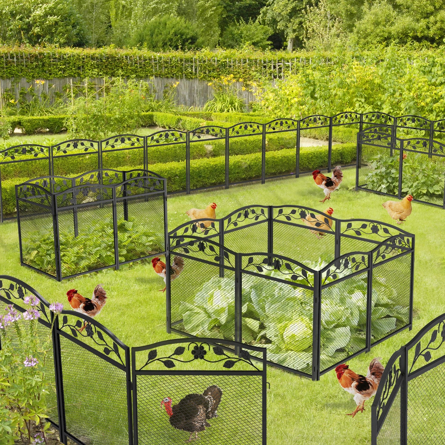 Heavy Metal Dog Playpen, Animal Barrier, Edging Board for In/Outdoor, Decorative Garden Fences with Safety Latch, 5 Panels