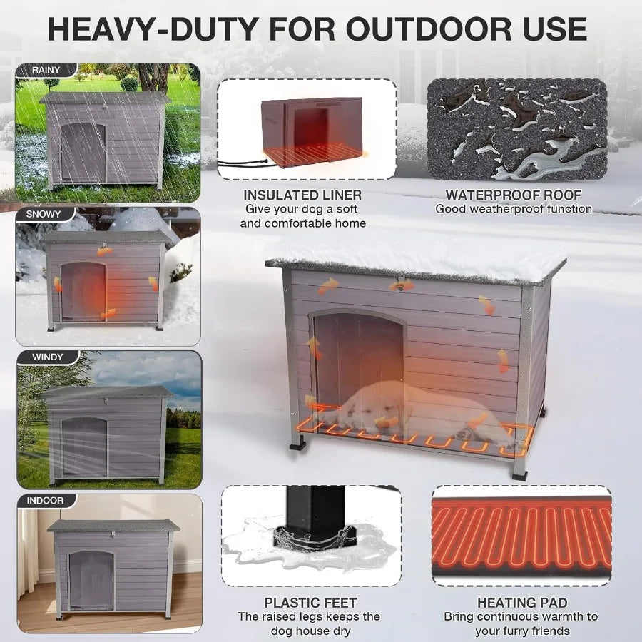 Heated Dog House for Outside with Heating Pad Insulated Dog Kennel for Small Medium Dogs Iron Frame Dog Shelter Outdoor Waterpr