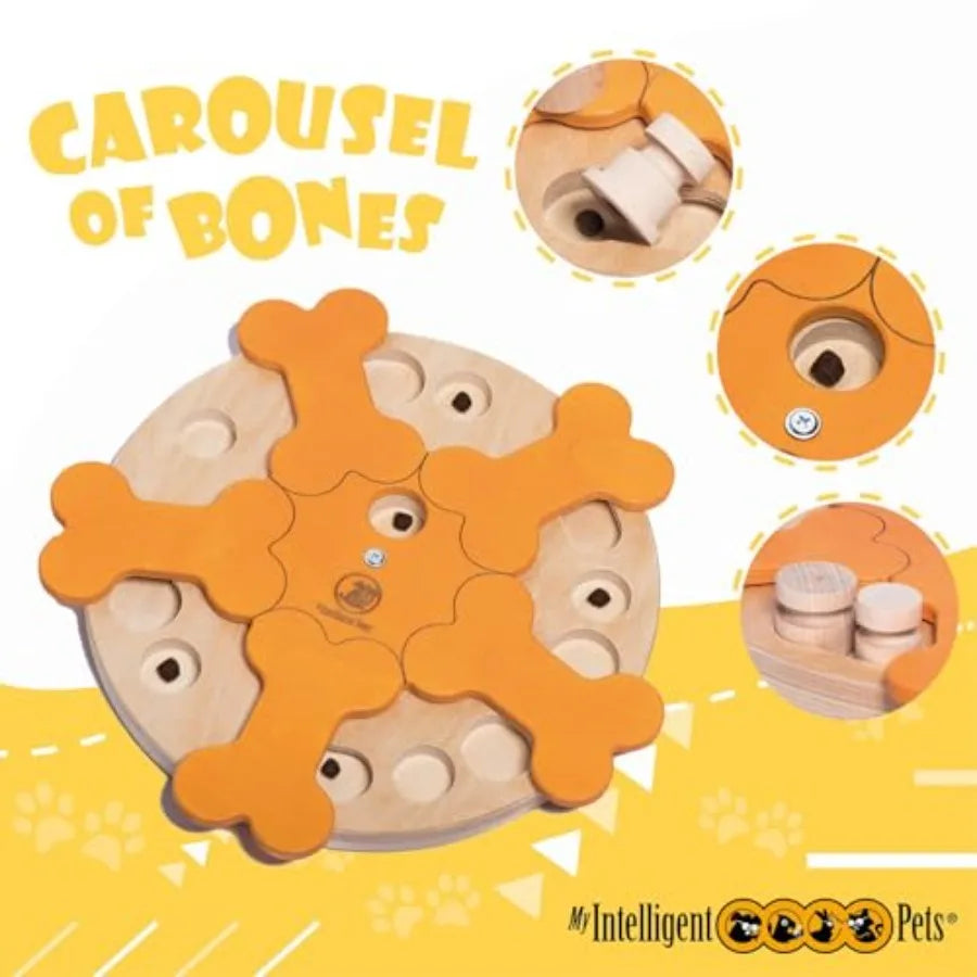Carousel of Bones - Interactive Wooden Dog Puzzle Toy Challenging Brain Game for Mental Stimulation and Enrichment Fun Toy for
