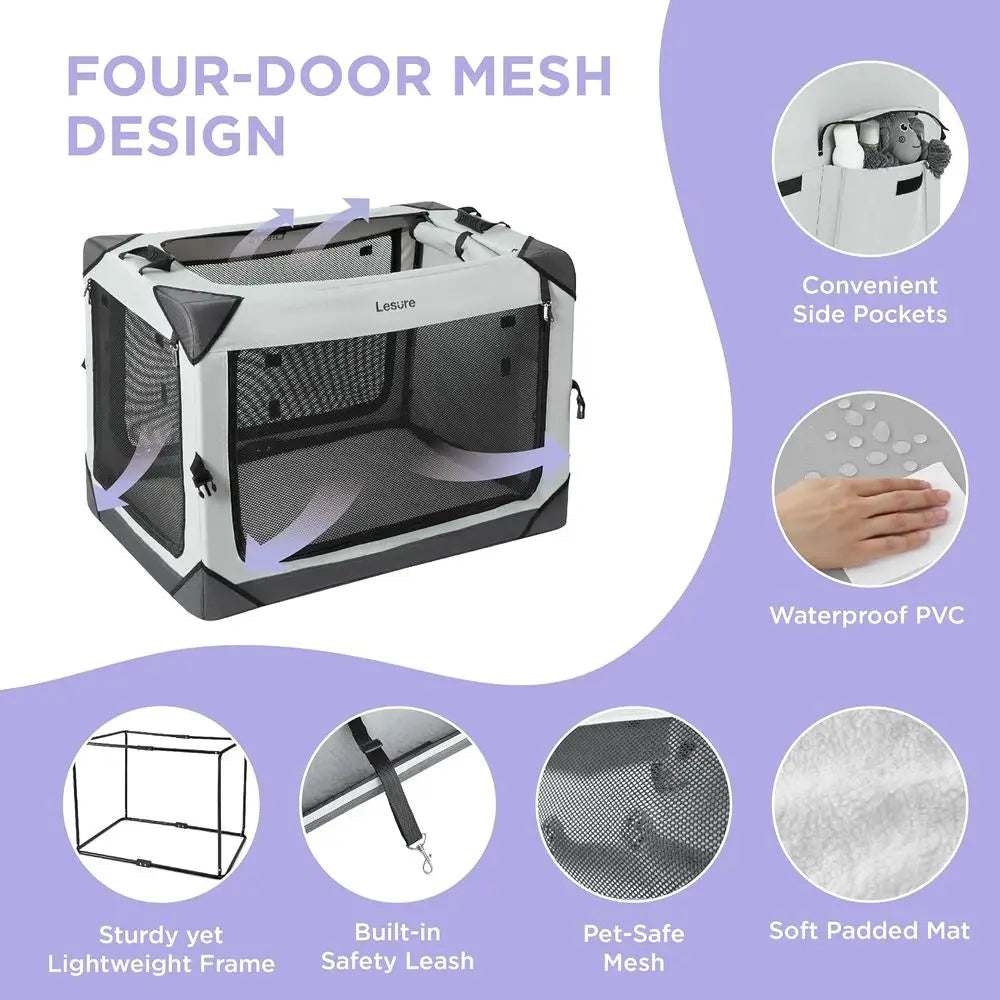 Portable Extra Large Dog Crate with 4-Door Access and Mesh Windows - Ideal for Travel and Outdoor Use in Light Gray