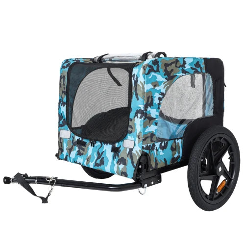 Heavy duty foldable pet bike trailer with 16 inch all terrain wheels and universal hooks, blue+black
