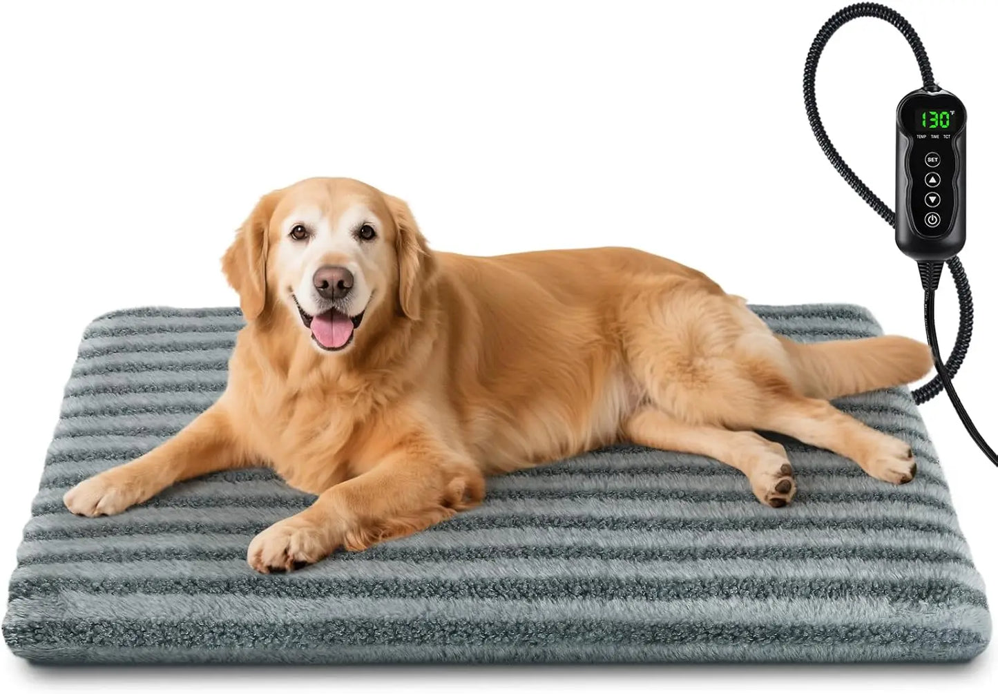 Large Waterproof Heated Pet Bed with Adjustable Temperatures, Timer & Auto Shut-Off, Chew-Resistant Cord, Washable Cover, Grey L