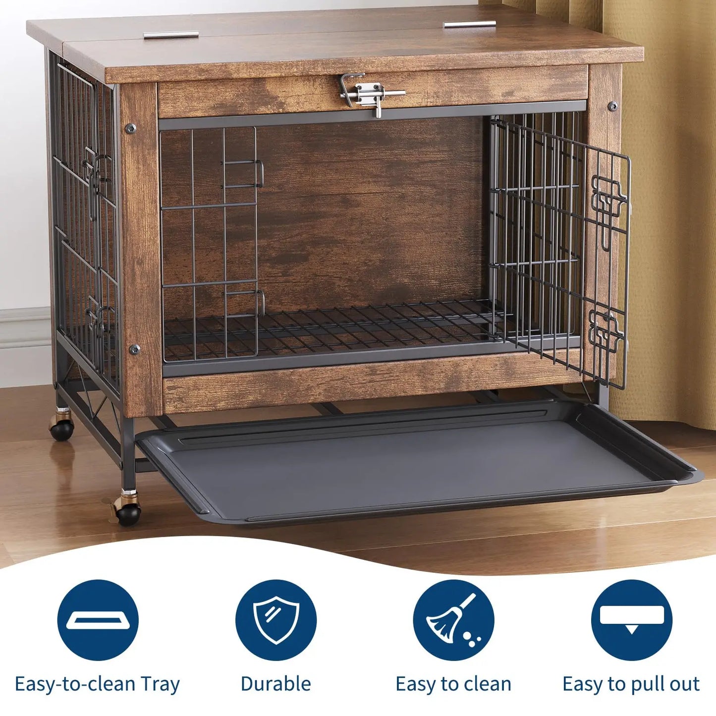 26" Double-Door Pet Cage With Wheels Wooden Dog House Side Table For Small Medium Dogs Chew-Resistant Crate With Pull-Out Tray