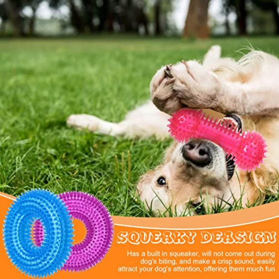 16 Pcs Dog Squeaky Toys Bulk Set Spiky Dogs Donut Bone Teething Toys Squeaky Balls TPR Rubber Toss Fetch for Puppy Small Medium